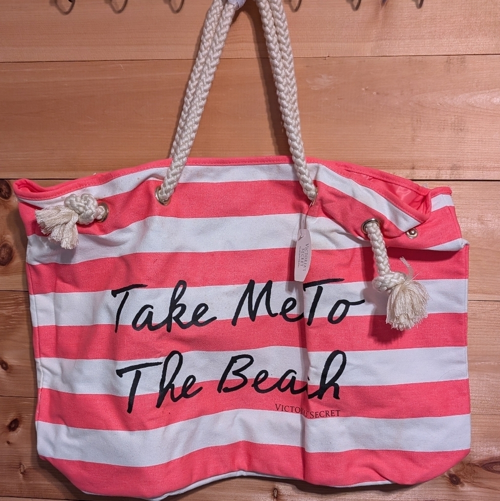 Victoria's Secret Pink and White Beach Striped Tote